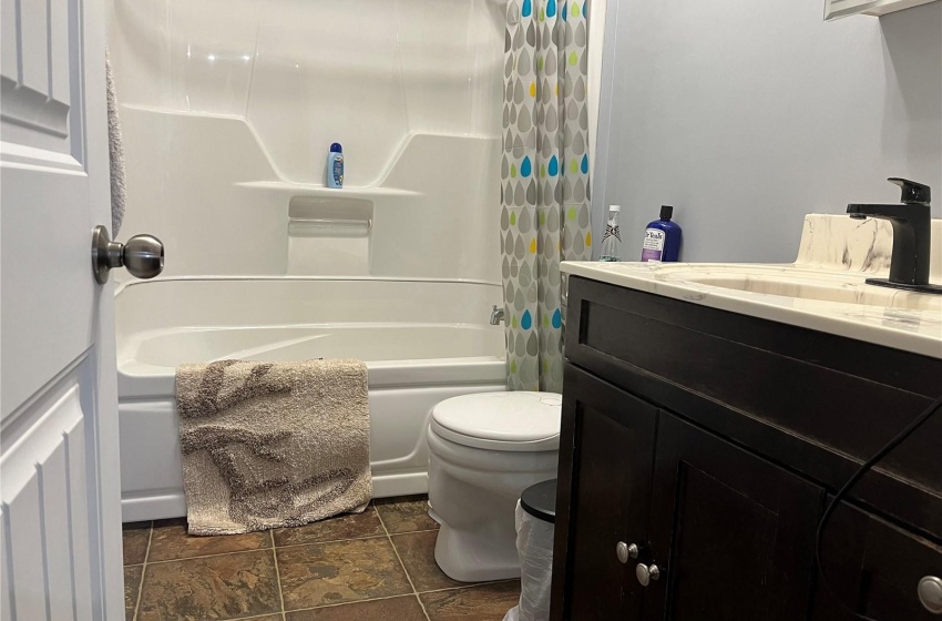 Full bathroom featuring vanity, lino floors, toilet, and shower / bath combination with curtain