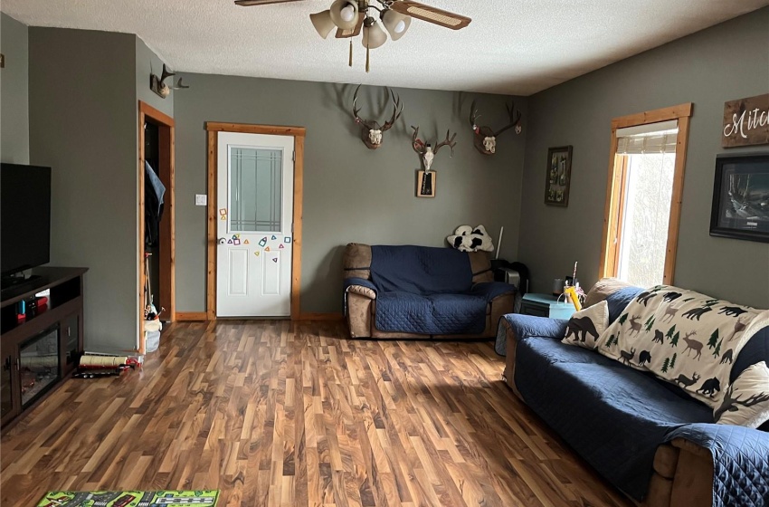 Living room with ceiling fan, dark wood-type flooring, and a textured ceiling