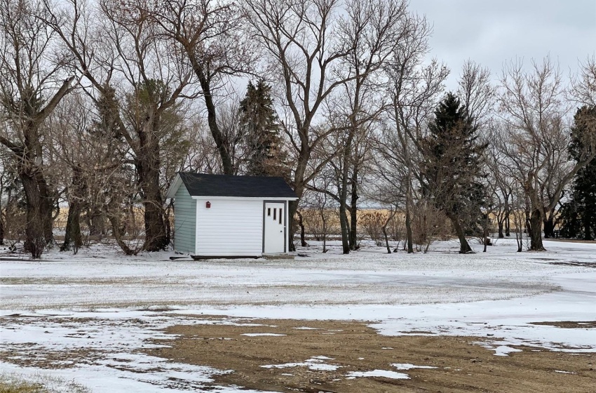 Snowy yard featuring a shed