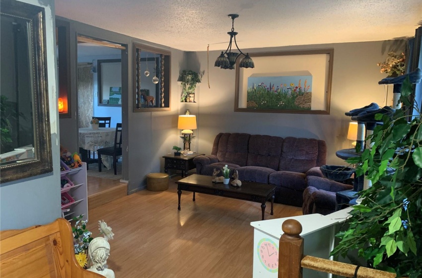 Living room featuring a textured ceiling and hardwood / wood-style flooring