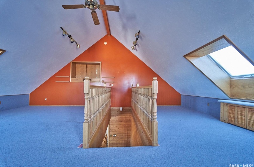 Additional living space with ceiling fan, carpet floors, and vaulted ceiling with skylight