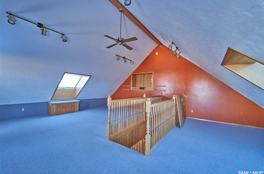 Bedroom featuring ceiling fan, light carpet, and vaulted ceiling with skylight