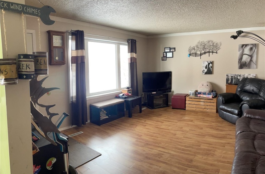 Living room with crown molding, a textured ceiling, and hardwood / wood-style floors