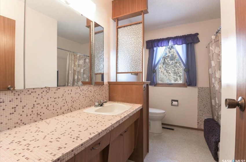 Bathroom with tasteful backsplash, toilet, and large vanity