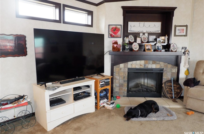 Living room featuring light carpet, ornamental molding, and a tiled fireplace