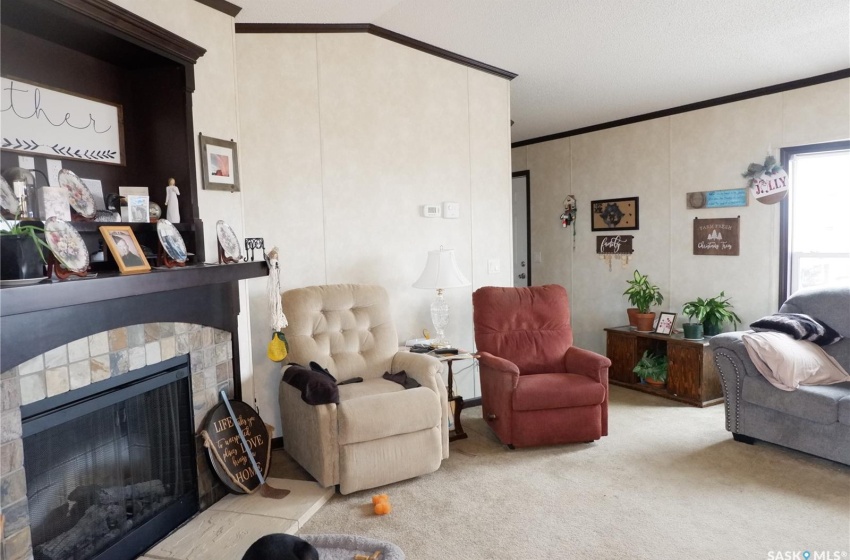 Carpeted living room with ornamental molding and a tile electric fireplace