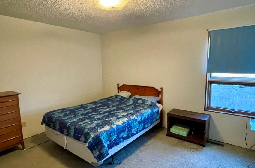 Bedroom with light colored carpet and a textured ceiling