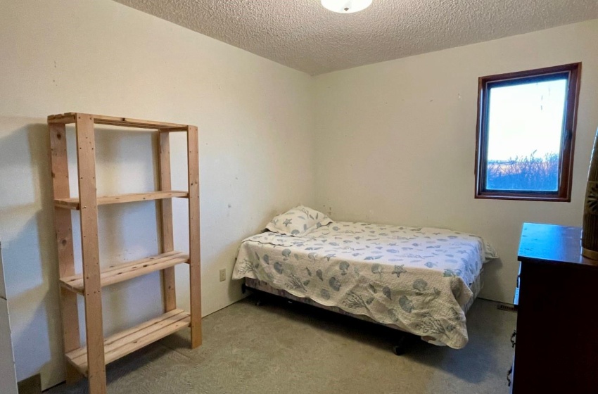 Bedroom with light colored carpet and a textured ceiling