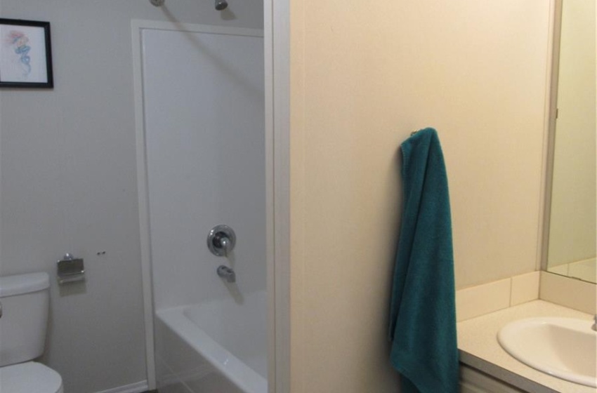 Full bathroom with shower / bathing tub combination, vanity,