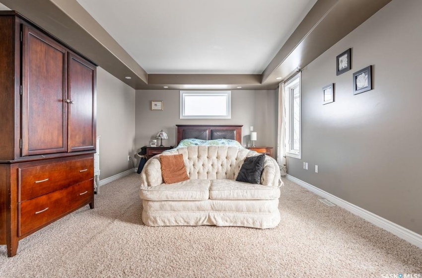 Bedroom with a fireplace, light carpet, a raised ceiling, and multiple windows