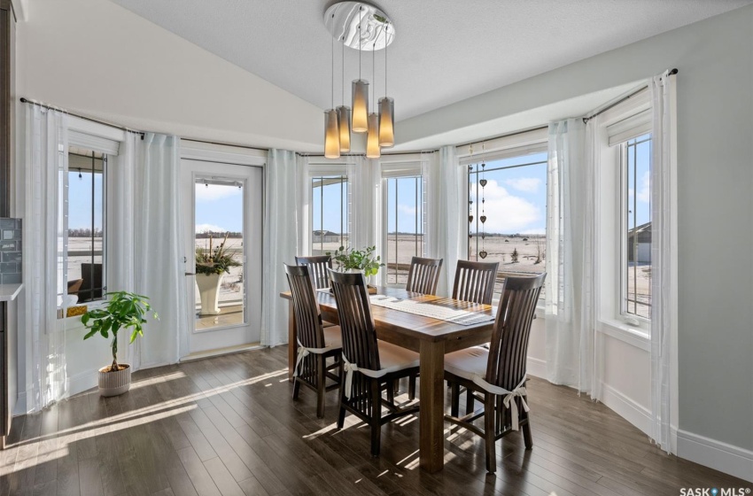 Dining room with dark hardwood / wood-style floors, a wealth of natural light, and lofted ceiling