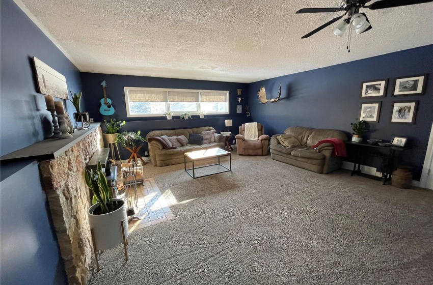 Carpeted living room with ceiling fan and a textured ceiling