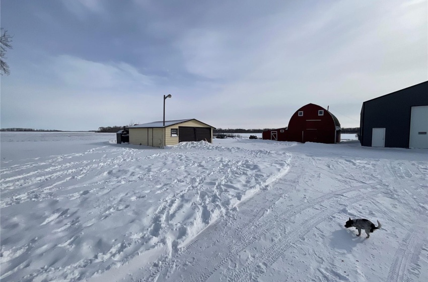 Yard covered in snow with a garage