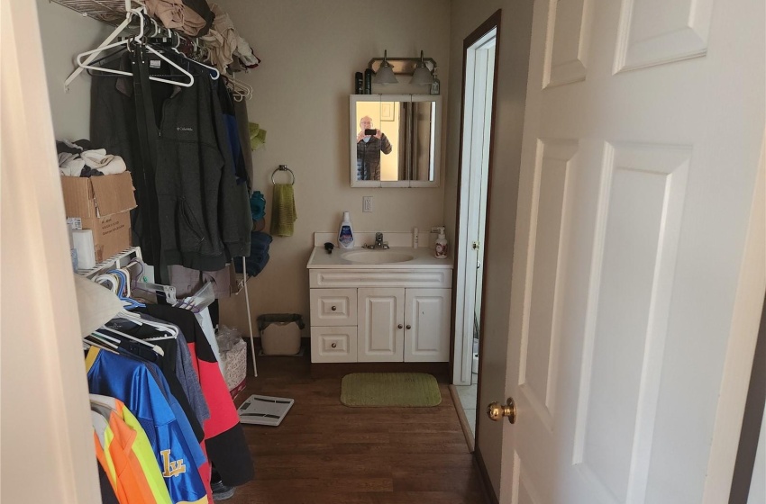 Walk in closet with sink and dark hardwood / wood-style floors