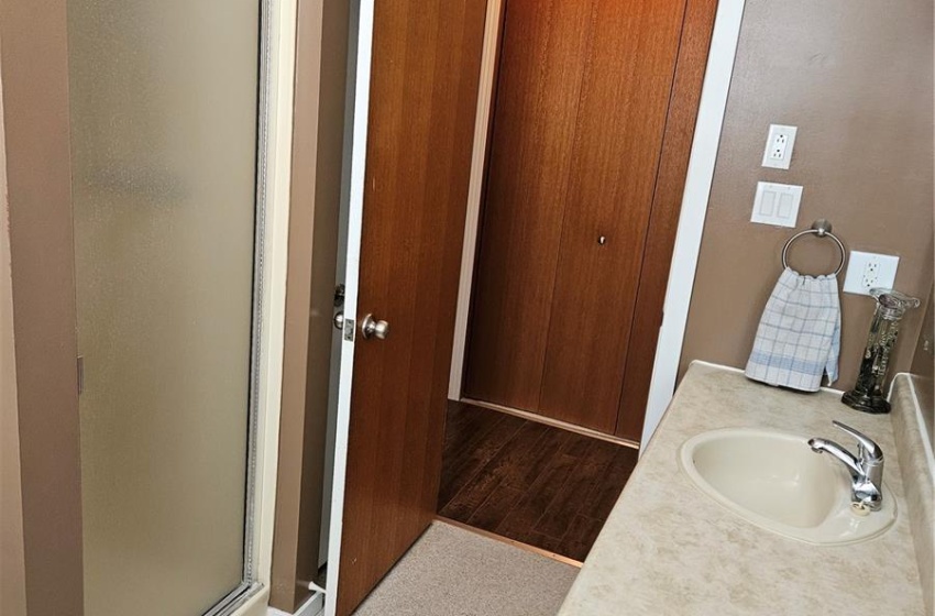 Bathroom featuring a shower with door, ornamental molding, hardwood / wood-style floors, and vanity