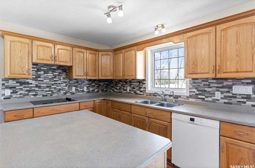 Kitchen with sink, white dishwasher, tasteful backsplash, and black electric cooktop