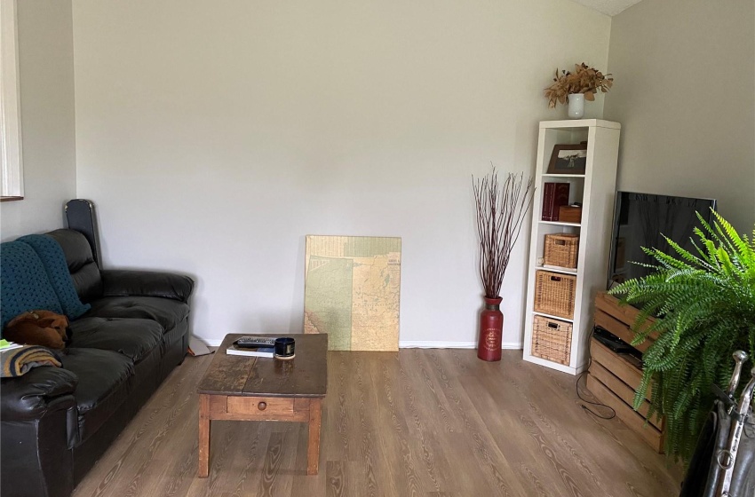 Living room featuring vaulted ceiling and wood-type flooring