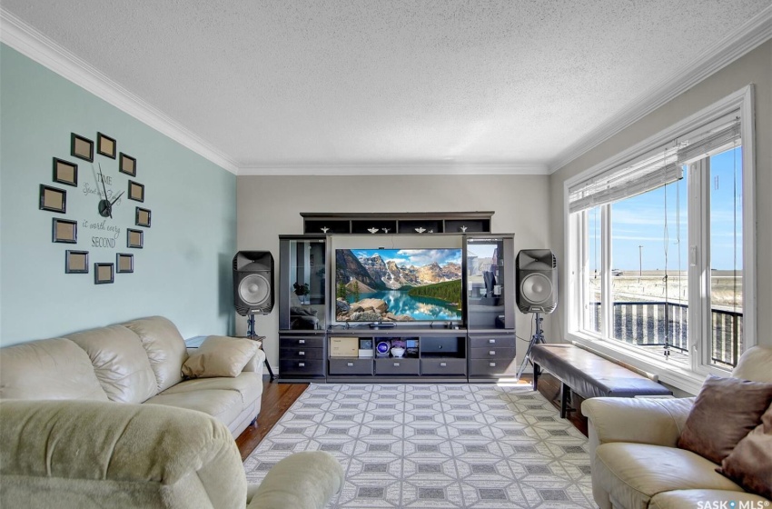 Living room featuring light hardwood / wood-style flooring, crown molding, and a textured ceiling