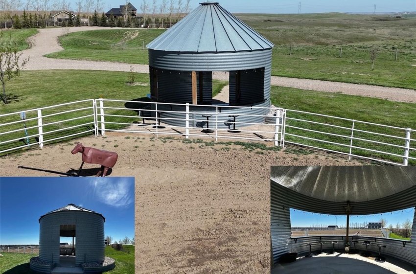 Gazebo from a bin with concrete floor and seating to view the arena