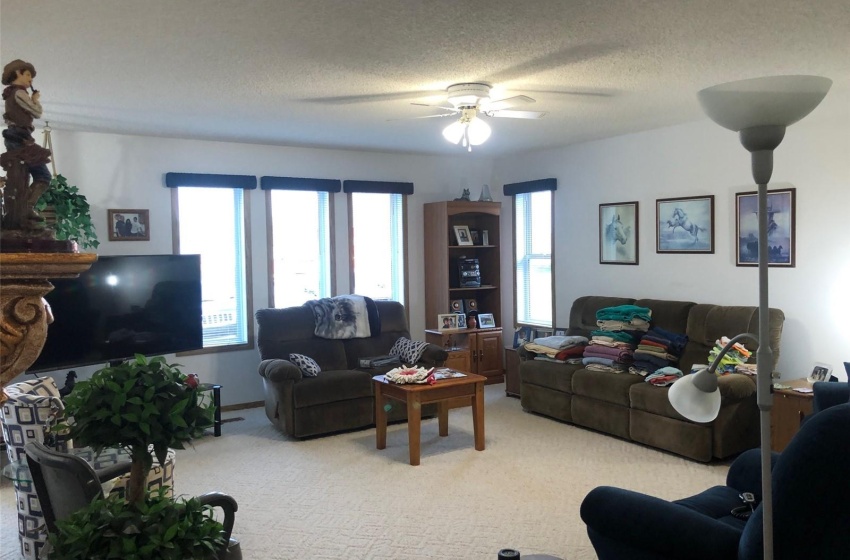 Living room with light carpet, ceiling fan, and a textured ceiling