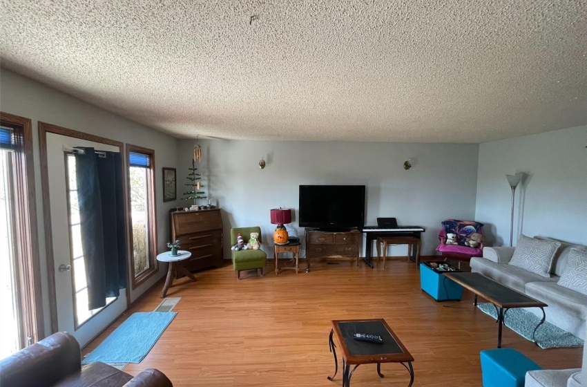 Living room featuring wood-type flooring and a textured ceiling