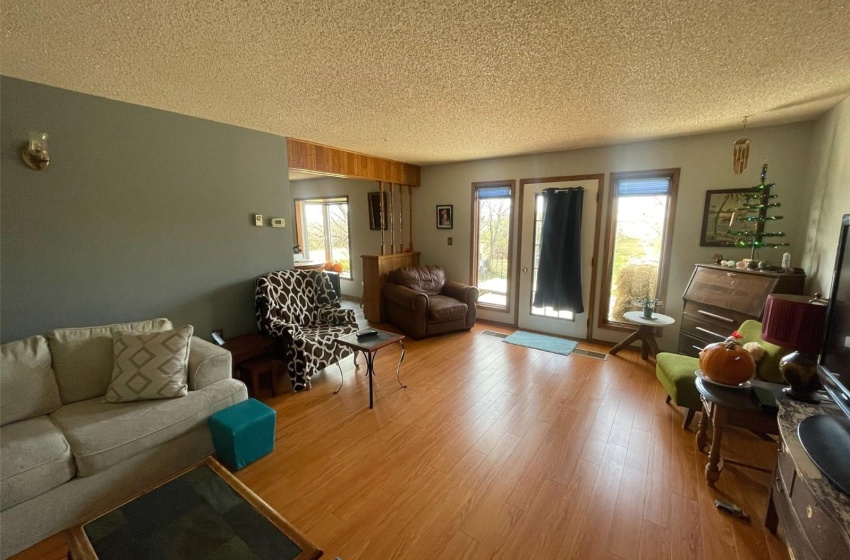 Living room with hardwood / wood-style floors and a textured ceiling