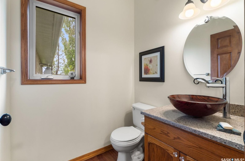 Bathroom with vanity, toilet, and wood-type flooring