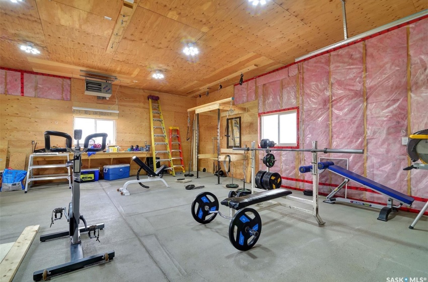 Exercise room featuring a wealth of natural light, a workshop area, and wood ceiling