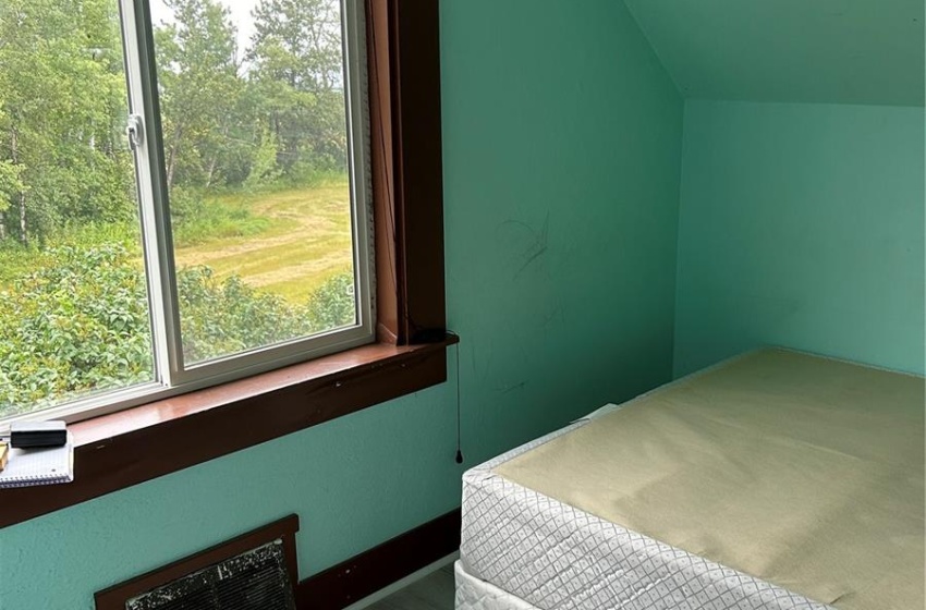 Bedroom featuring multiple windows, hardwood / wood-style flooring, and lofted ceiling