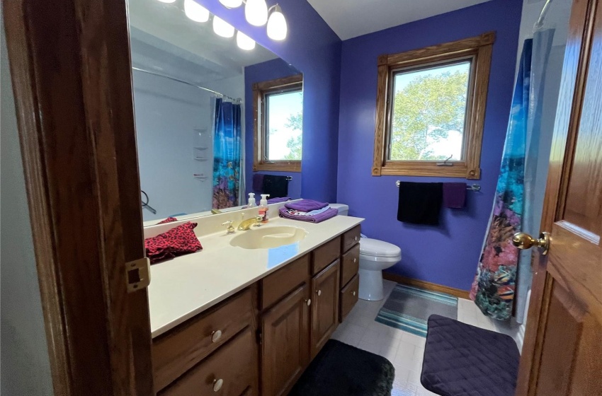 Bathroom featuring vanity, toilet, curtained shower, and tile patterned flooring