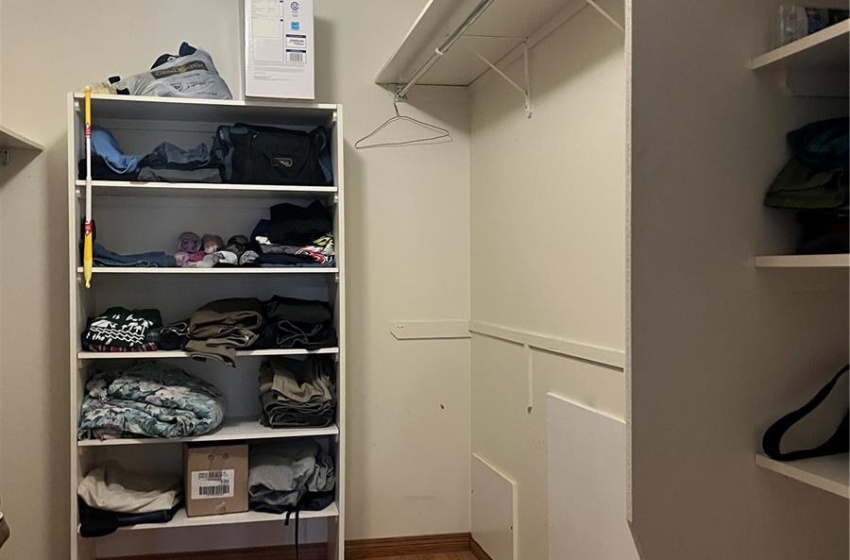 Walk in closet with wood-type flooring