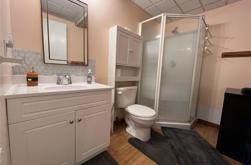 Bathroom featuring a shower with shower door, toilet, vanity, and wood-type flooring