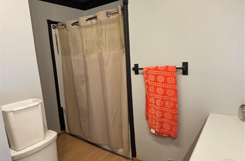 Bathroom featuring hardwood / wood-style floors, curtained shower, and toilet