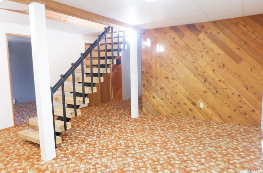 Basement with wood walls and a paneled ceiling