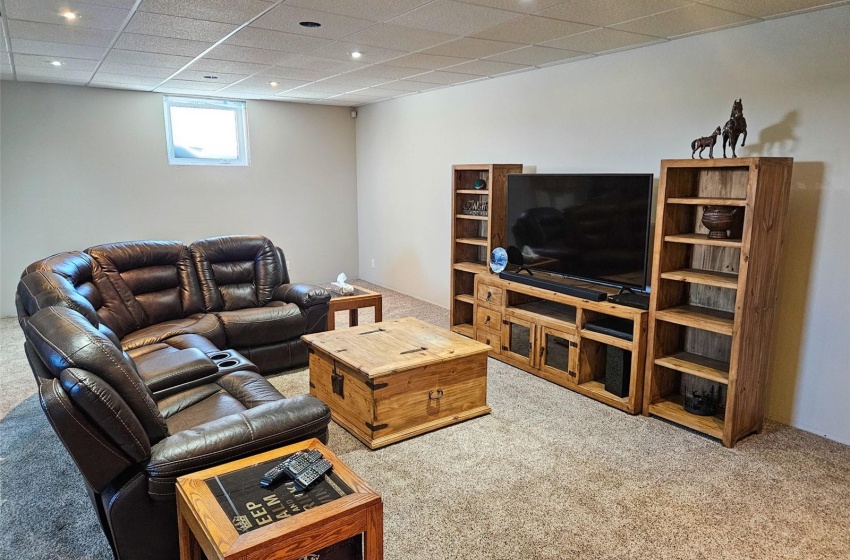 Living room with a paneled ceiling and carpet flooring