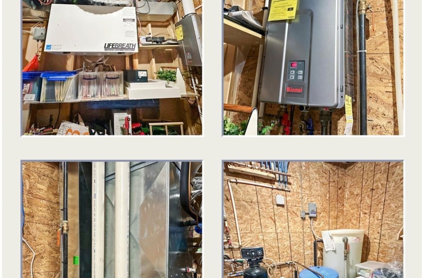 Modern mechanical room with a NEWER on demand Rinnai hot water heater, an energy efficient furnace, NEWER water softener, air exchanger and a pressure system