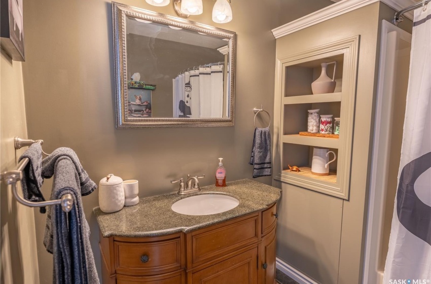 Bathroom featuring vanity and a shower with curtain